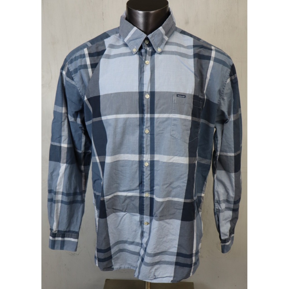 Mens Barbour Plaid Shirt Blue Size XXL Cotton Button Front Long Sleeve Trailored